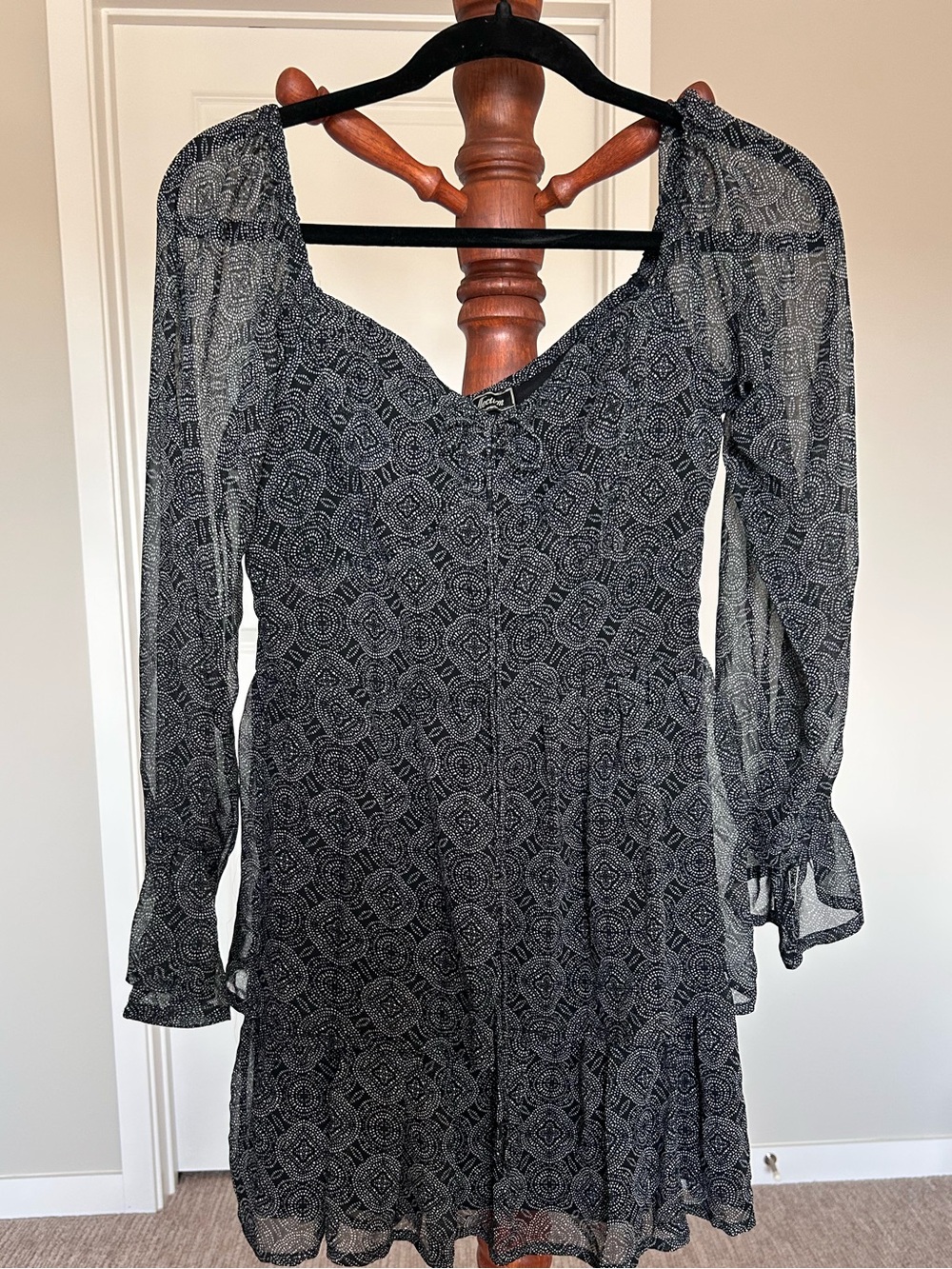 Black Patterned Long-Sleeve Mini Dress